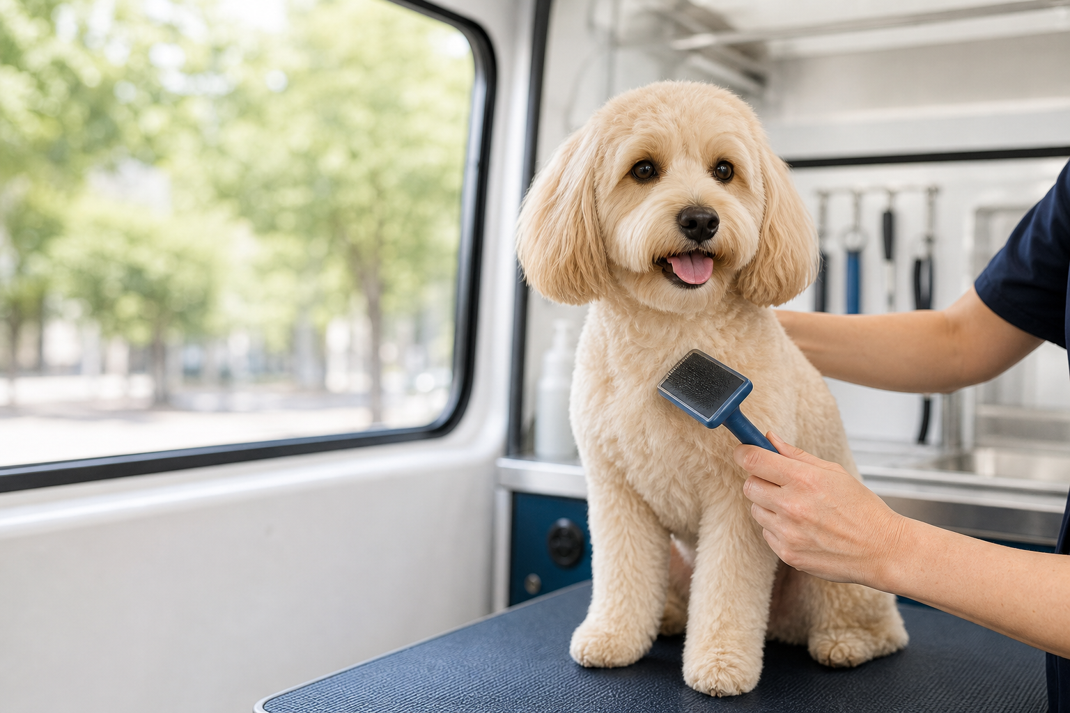 A small dog being gently brushed inside a mobile grooming van